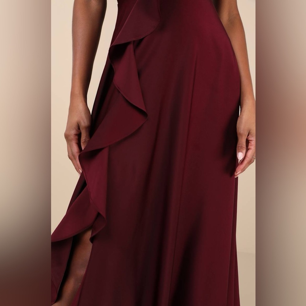 NWT Lulus Stylish Grace Dark Plum Backless Lace-Up Ruffled Maxi Dress, Small - Picture 3 of 15